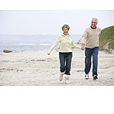   Senior, Happy, Beach walking, Love couple