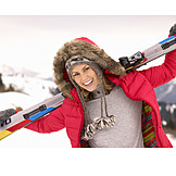   Young woman, Ski, Winter clothing, Shouldered