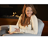  Woman, Comfortable, Book, Fireplace
