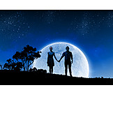   Love Couple, Full Moon, Hand In Hand, Relationship