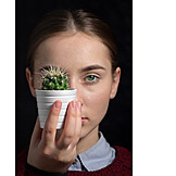   Woman, Serious, Cactus, Unapproachable