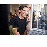   Man, Smiling, Cafe, On The Phone