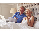   Laughing, Online, Bedroom, Older Couple