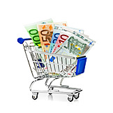   Konsum, Euroscheine, Kaufkraft, Einkaufswagen