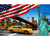   Usa, New York, Statue Of Liberty, Yellow Cab