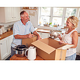   Kitchen, Moving Box, Older Couple