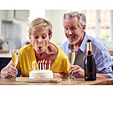   Happy, Celebrations, Blow Out, Birthday Cake, Older Couple