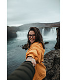   Waterfall, Holding Hands, Iceland, Tourist