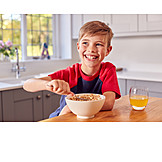   Boy, Smiling, Eating, Home, Breakfast, Cereal