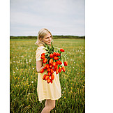   Young Woman, Meadow, Tulips Bouquet