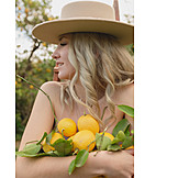   Young woman, Harvesting, Lemon