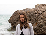   Young Woman, Serious, Beach, Sea, Portrait