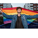   Junger Mann, Selbstbewusst, Homosexuell, Regenbogenfahne, Lgbt
