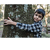   Boy, Embracing, Tree, Nature