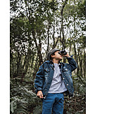   Boy, Forest, Binoculars, Discover