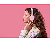   Young Woman, Closed Eyes, Headphones, Listening Music
