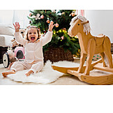   Kleinkind, Glücklich, Weihnachten, Freude, Spielzeug, Schaukelpferd