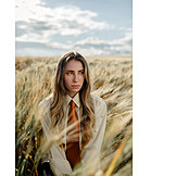   Young Woman, Fashion, Serious, Tie, Wheat Field