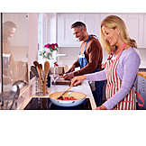   Couple, Smiling, Home, Cooking, Kitchen