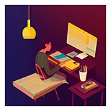   Computer, Illustration, Schreibtisch, Arbeiten