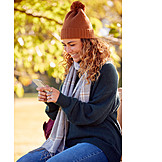   Young Woman, Smiling, Park, Autumn, Writing, Online, Sms