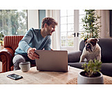   Mann, Zuhause, Laptop, Online, Wohnzimmer, Bulldogge