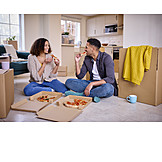   Couple, Happy, Eating, Pizza, Take Out Food, New Home