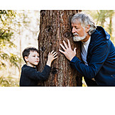   Grandson, Grandfather, Tree, Listen, Hug
