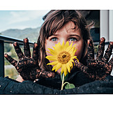   Girl, Smiling, Sunflower, Dirty, Gardening
