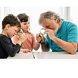   Grandson, Grandfather, Flower, Watching, Magnifying Glass, Examining, Research