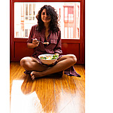   Woman, Eating, Salad, Floor, Cross-legged