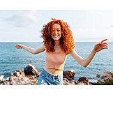   Woman, Long Hair, Sea, Red Hair, Cheerful, Carefree, Curly Hair
