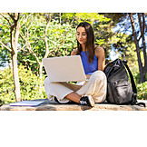   Outdoors, Young Woman, Typing, Laptop, Student