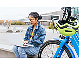   Young Woman, Fashion, Bicycle, Laptop, Urban, Working, Mobil