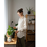   Woman, Smiling, Window, Houseplant, Green Thumb, Peperomia Obtusifolia