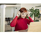   Young Woman, Laptop, Headphones, Desk