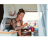   Woman, Eating, Vacation, Breakfast, Meal, Camper