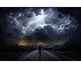   Lightning, Storm, Road